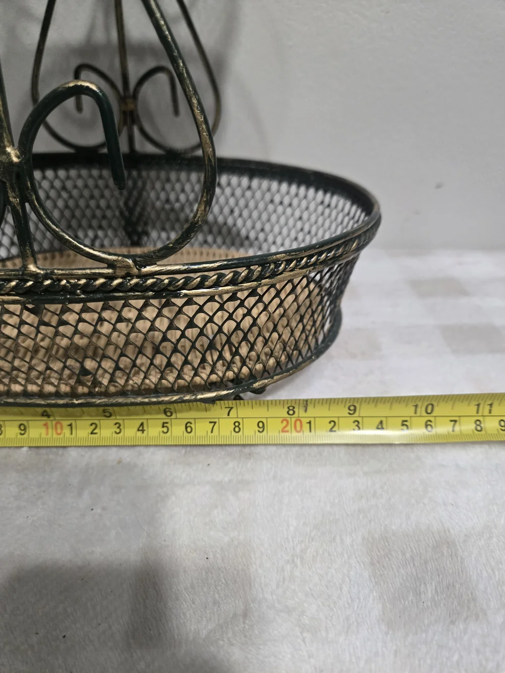 Vintage Retro 2-Tier Round Metal Mesh Basket Set w Handle Green Gold Wicker Base